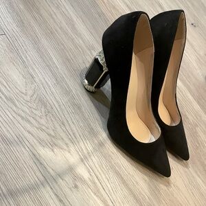 Black Suede Pumps with Unique Gold and Rhinestone heel